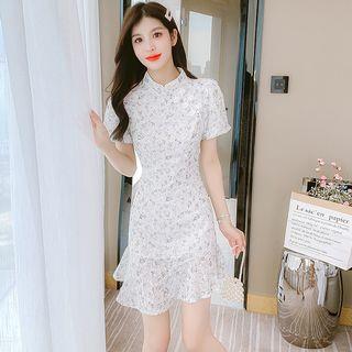 Short-sleeve Floral Mini Mermaid Qipao