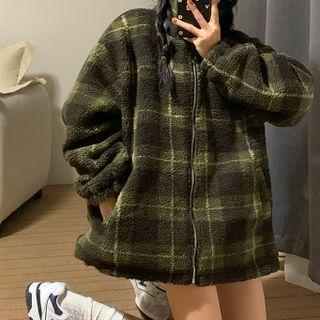 Plaid Faux Shearling Jacket Plaid - Dark Green - One Size