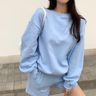 Plain Round-neck Sweater + Wide-leg Shorts Set - One Size