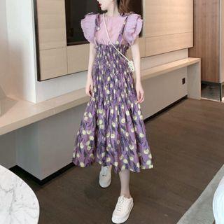 Ruffled Short-sleeve Top / Floral Print Midi A-line Jumper Skirt