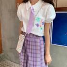 Embroidered Short-sleeve Shirt / Plaid Pleated Skirt
