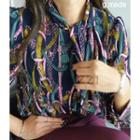 Tie-neck Chain Print Blouse Navy Blue - One Size