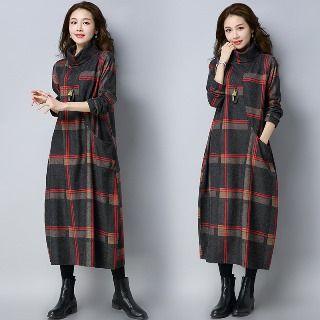 Turtleneck Plaid Woolen Midi Dress
