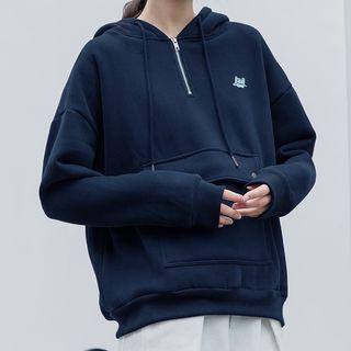 Lettering Embroidered Half-zip Knit Hoodie