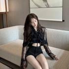Long-sleeve Lace Top / Chained Fitted Mini Skirt / High-waist Hot Pants