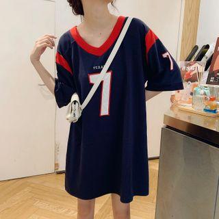 Elbow-sleeve Lettering T-shirt Navy Blue - One Size