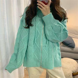 Long-sleeve Plain Cable Knit Hoodie Zip Jacket Zip Jacket - One Size