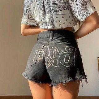 Rhinestone Lettering Distressed Denim Hot Pants
