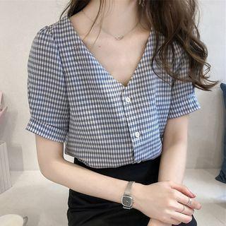 Short-sleeve Plaid V-neck Buttoned Blouse