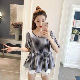 Elbow-sleeve Check Ruffle Top