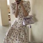 Floral Square-neck Puff-sleeve Ruffle-trim Dress