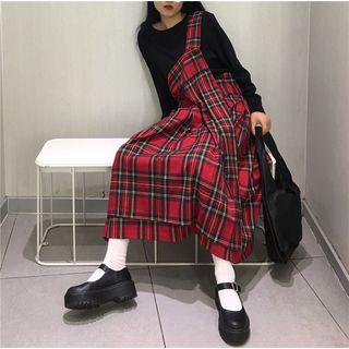 Crew-neck Long-sleeve T-shirt / Plaid Midi Jumper Dress