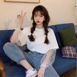 Mesh Panel Sleeve Round Neck Top