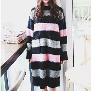 Long-sleeve Striped Knit Midi Dress