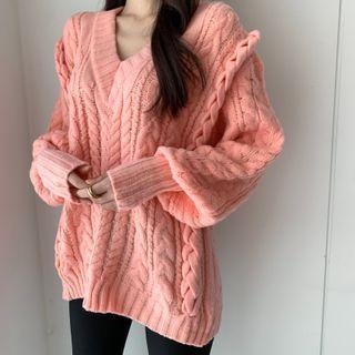 Lantern-sleeve Plain V Neck Cable-knit Sweater