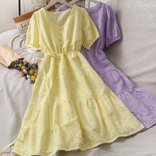 Eyelet Drawstring-waist Midi Dress