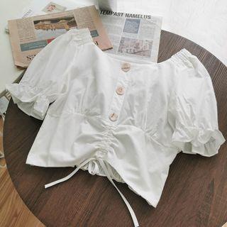 Puff-sleeve Buttoned Drawcord Crop Top