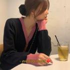 Long-sleeve Two-tone Cardigan Black - One Size