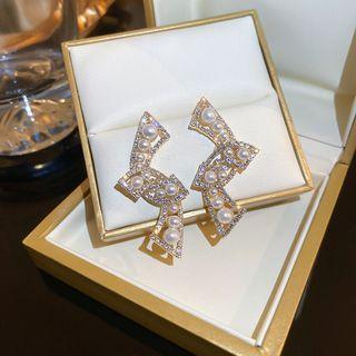 Rhinestone Faux Pearl Stud Earring 1 Pair - Silver Needle Earring - Silver Rhinestone & Faux Pearl - Gold - One Size