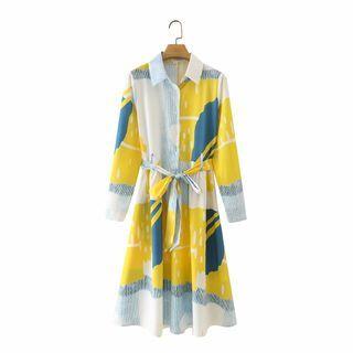Long-sleeve Color Block Collared Midi A-line Dress