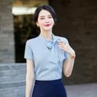 Short-sleeve Ribbon Blouse / Mini Pencil Skirt / Dress Pants / Set