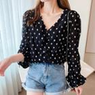 Long-sleeve V-neck Dotted Blouse