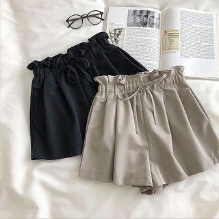 Plain High-waist Ruffled-trim Wide-leg Shorts