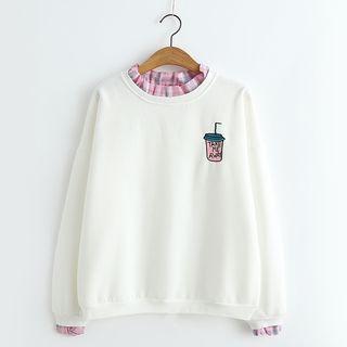 Mock Two-piece Plaid Panel Embroidered Sweatshirt