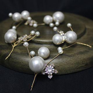 Set Of 5: Wedding Faux Pearl Rhinestone Branches Headpiece Set Of 5 - White & Gold - One Size