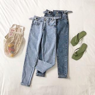 Belted Waist Slim-fit Distressed Jeans