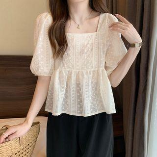 Puff-sleeve Square-neck Floral Embroidered Blouse