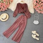 Set: Long Sleeve V-neck Blouse + Wide Leg Pants