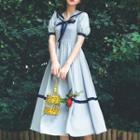 Short-sleeve Tie-neck Sailor Collar A-line Midi Dress
