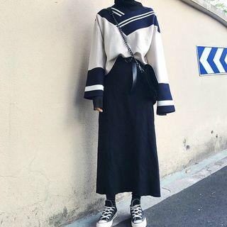 Color-block V Neck Long-sleeve Loose-fit Top