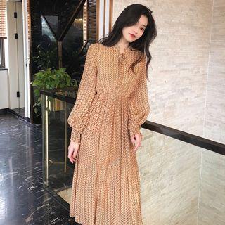 Print Balloon-sleeve Midi Chiffon Dress As Shown In Figure - One Size