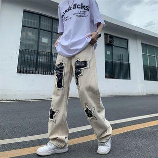 Distressed Panel Straight Leg Jeans