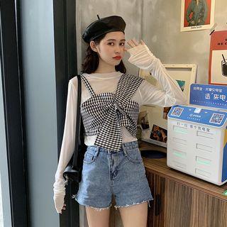 Plaid Cropped Camisole Top / Long-sleeve Top