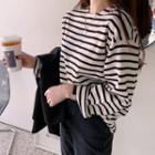Round-neck Slit-side Striped T-shirt