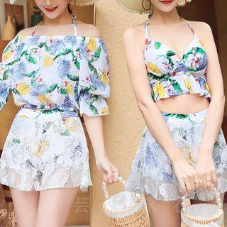 Set: Floral Bikini Top + Lace Swim Skirt + Cover-up