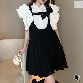 Bow Mini A-line Overall Dress / Puff-sleeve Blouse