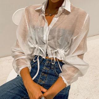 Drawstring-waist Sheer Cropped Shirt