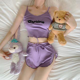 Set: Lettering Cropped Camisole + Drawstring Waist Shorts As Shown In Figure - One Size