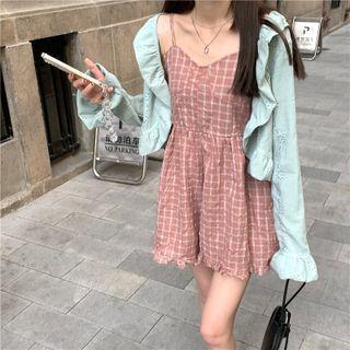 Sleeveless Check Playsuit / Long-sleeve Ruffle Blouse
