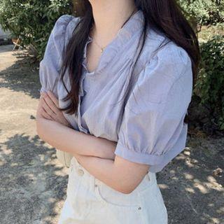 Short-sleeve V-neck Plain Ruffle Trim Sheer Chiffon Blouse