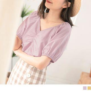 V-neck Shirred Front Short-sleeve Top