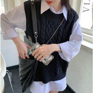 Bear Embroidered Striped Shirt / Cable Knit Sweater