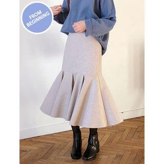 Ruffle-hem Wool Blend Midi Skirt