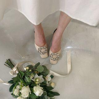 Rhinestone-buckle Banded Mules