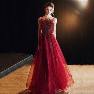 Spaghetti-strap Embroidered Feather A-line Evening Gown