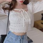 3/4-sleeve Tie-front Shirred Crop Top White - One Size